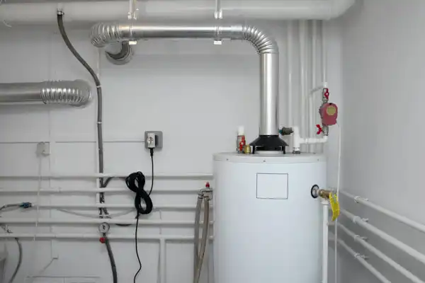 Utility room in Nashville featuring a large cylindrical water heater connected to various pipes, perfect for efficient furnace installation.