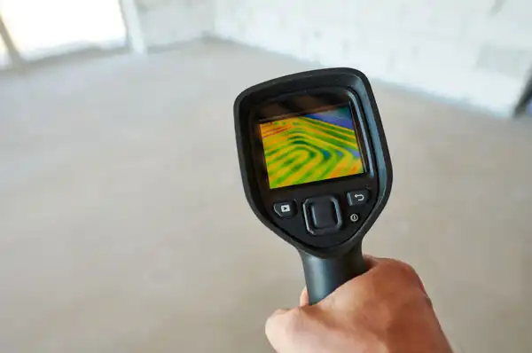 In Jackson, TN, a person holds a thermal imaging camera displaying a heat map on its screen, skillfully using it for slab leak detection amidst the blurred backdrop of the room.
