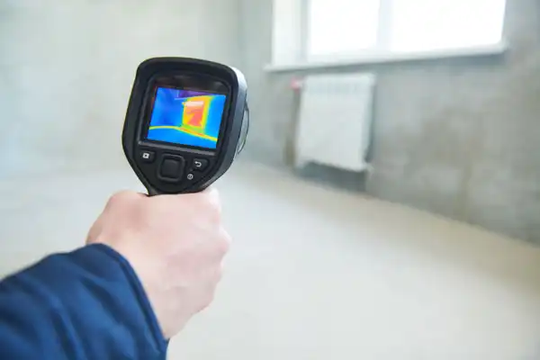 In Jackson TN, a person expertly wields a thermal imaging camera, revealing a vibrant heat map on the screen as they aim at a wall with a radiator, honing their skills in precise leak detection.