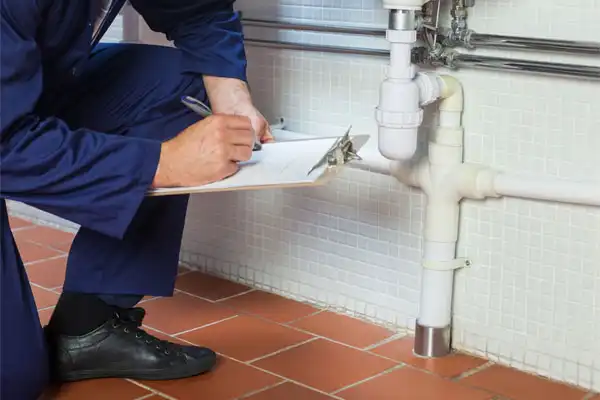 A worker in blue overalls is kneeling and taking notes on a clipboard while conducting a plumbing inspection in a tiled area, ensuring everything flows smoothly in Jackson, TN.