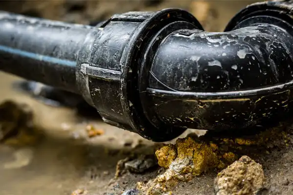 Close-up of a black PVC pipe with an elbow joint, partially buried in sandy ground, reminiscent of the intricate sewer line repairs often seen in Jackson, TN.