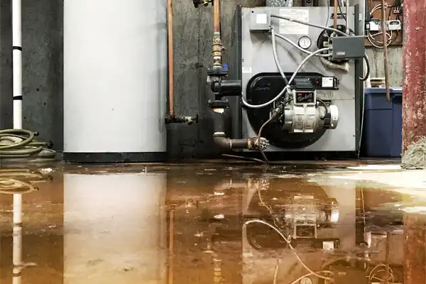 A flooded basement in Jackson, TN shows water covering the floor, with visible boiler equipment and pipes. Urgent sump pump repair is needed to prevent further damage.