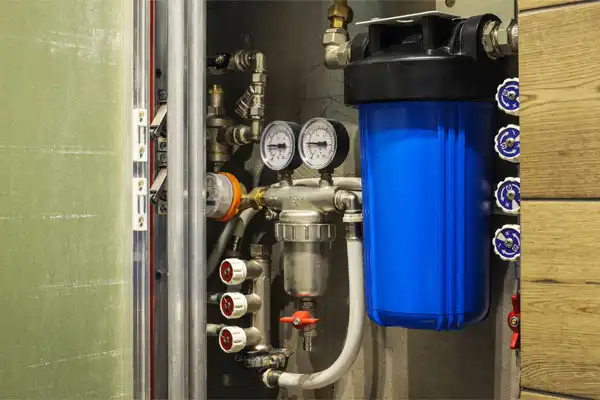 A utility closet in Jackson, TN houses plumbing pipes, gauges, valves, and a large blue water filter, showcasing precise water filtration installation.