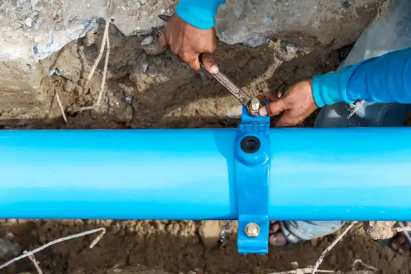 In Jackson, TN, a person is focused on water line repair, skillfully tightening a bolt on a blue underground water pipe with a wrench.