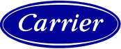 Blue Oval Logo With The Word &Quot;Carrier&Quot; In White Italicized Font.