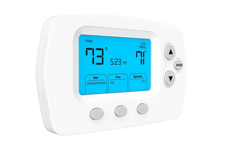 Digital Thermostat Displaying Indoor Temperature At 79°F, Set To 71°F, With Time At 5:23 Pm. Control Buttons On The Right For Mode Adjustments.