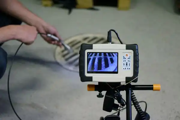 A Person Operates A Drain Inspection Camera With A Monitor Displaying The Inside Of A Drain Grate.