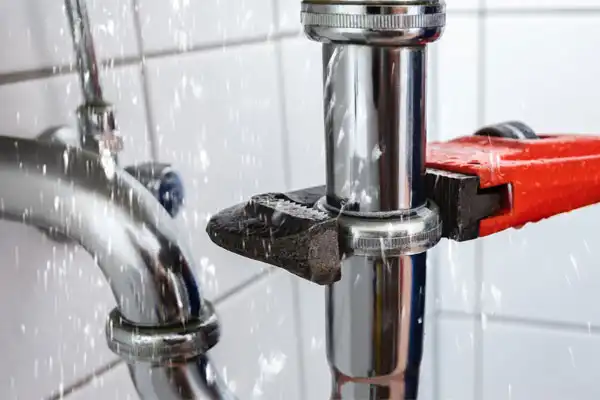 A Water Pipe Is Leaking While Being Tightened With A Wrench, With Water Spraying Out.