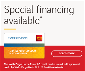 Ad For Wells Fargo Home Projects Credit Card With Text &Quot;Special Financing Available&Quot; And A &Quot;Learn More&Quot; Button. Image Of The Credit Card Shown Below The Main Text.
